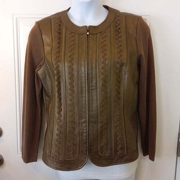 Nygard brown leather and fabric zippered front long sleeve jacket - Picture 1 of 16